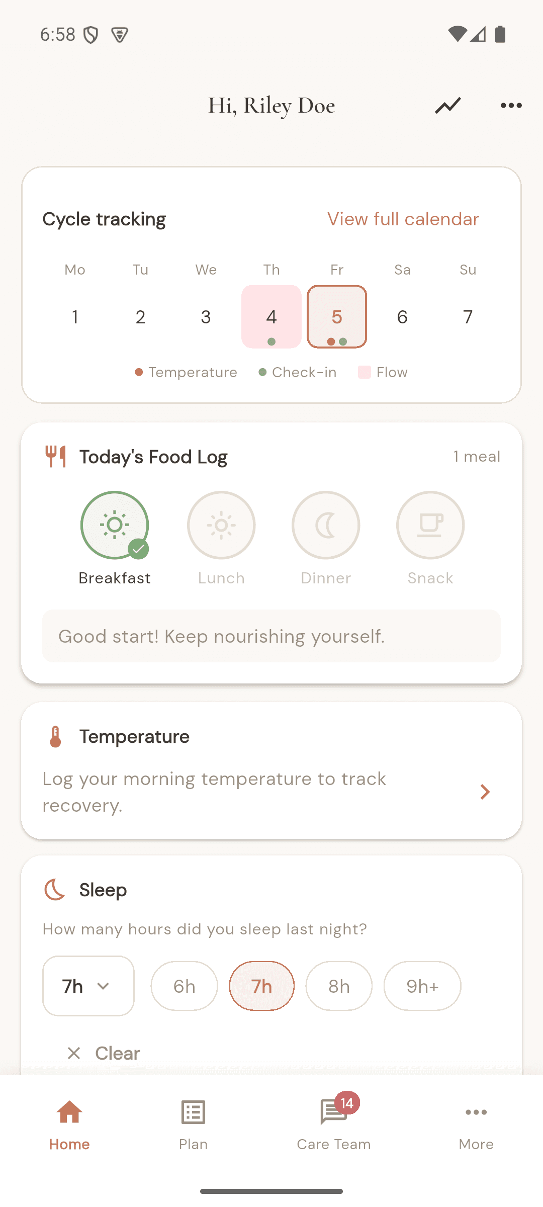 The Hormonia app's home screen: cycle tracking for the week, today's food log, a prompt to log morning temperature, and last night's sleep.